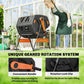 Outdoor compost tumbler with geared rotation handle, black drum and orange stand supports