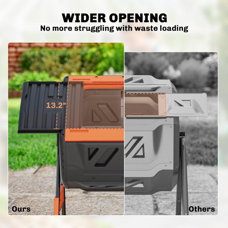 Outdoor compost tumbler bin, wider opening design with black shell and orange loading area