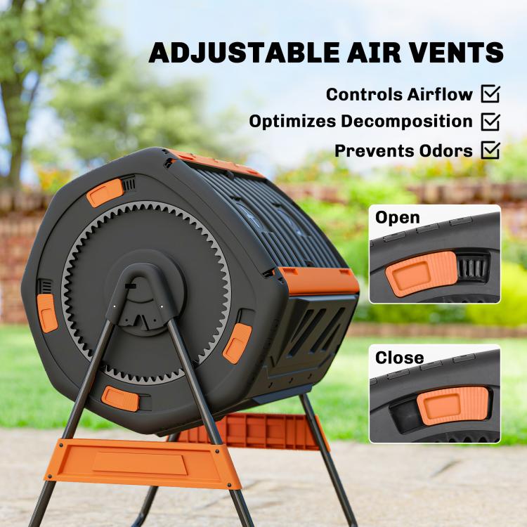 Outdoor compost tumbler with adjustable air vents on black drum and orange control panel