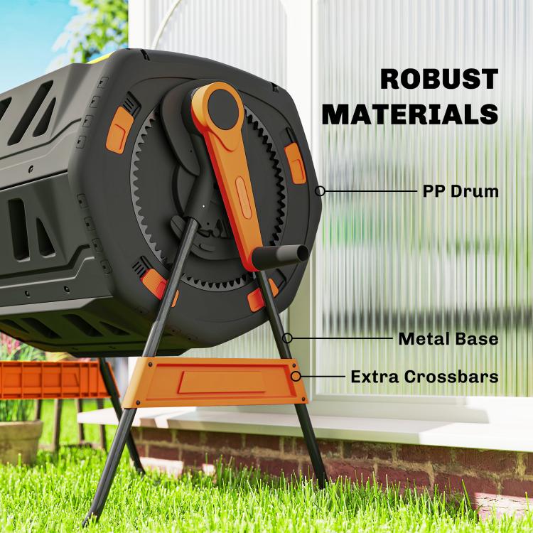 Outdoor compost tumbler with sturdy base, black PP drum and orange handle on metal stand