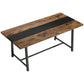Rectangular industrial table with brown wood-look top and black steel X-frame legs
