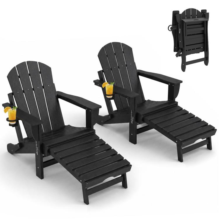Two black folding adirondack chairs with retractable ottomans and cup holders