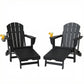 Two black folding adirondack chairs with retractable footrests, front view