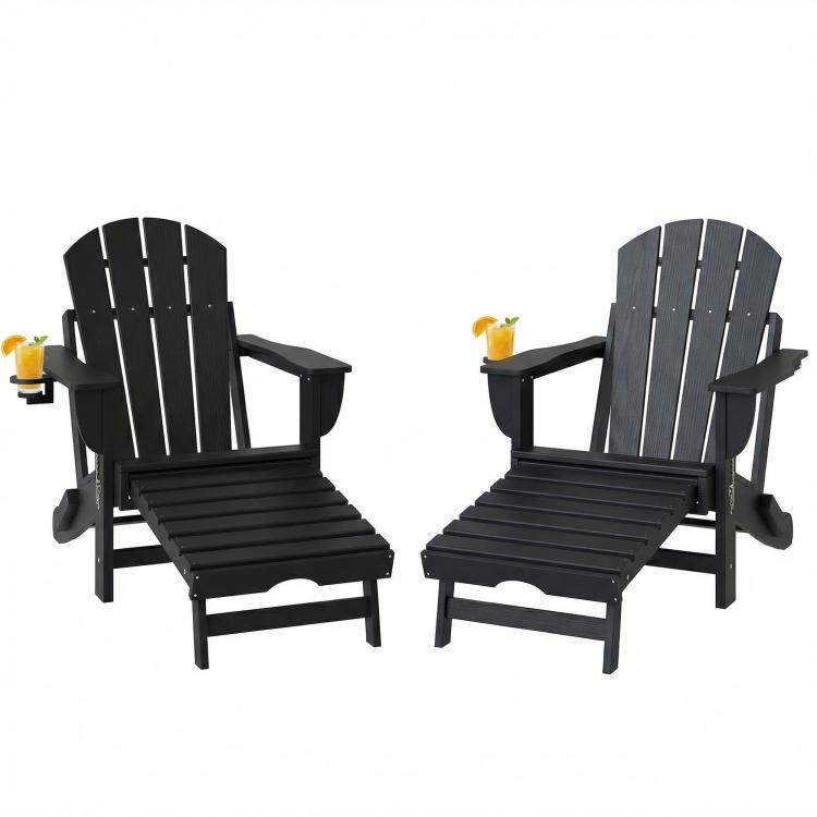 Two black folding adirondack chairs with retractable footrests, front view