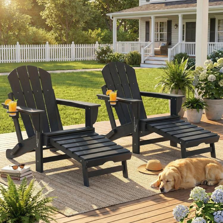 Set of 2 folding black Adirondack chairs with footrests and cup holders