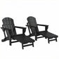 Pair of folding black Adirondack chairs with footrests, cup holders