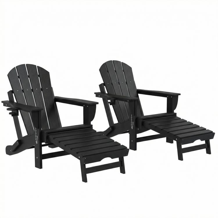 Pair of folding black Adirondack chairs with footrests, cup holders