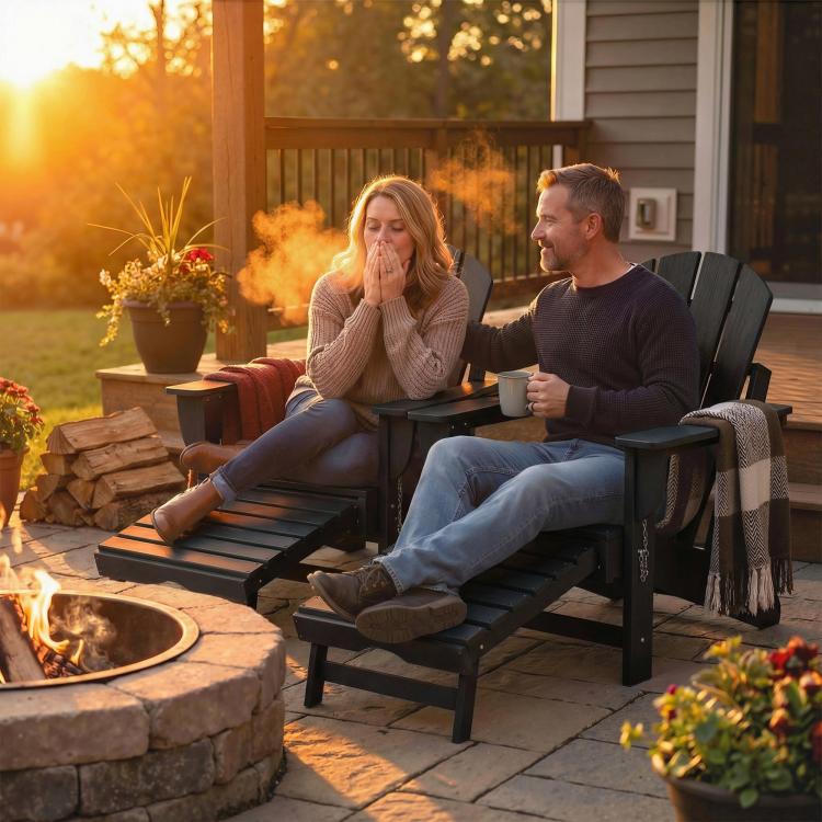 Black folding adirondack chair with retractable ottoman and side cup holder