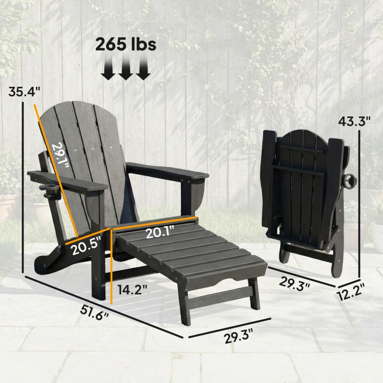 Black folding adirondack chairs set with retractable footrest and size dimensions