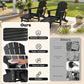 Black folding adirondack chairs with weather-resistant feature icons