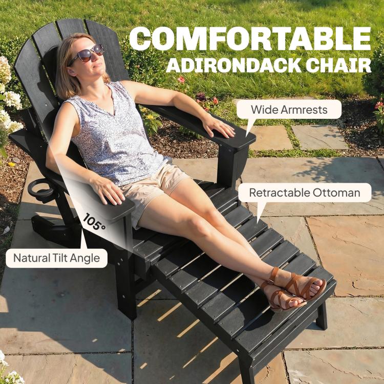 Black adirondack folding chair with wide armrests and retractable ottoman