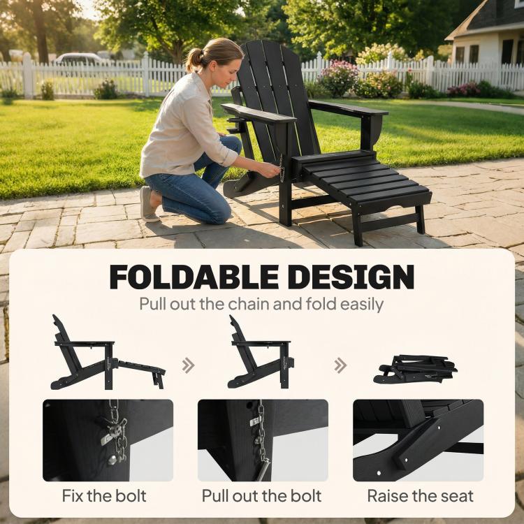 Black folding adirondack chair set showing chain and fold mechanism