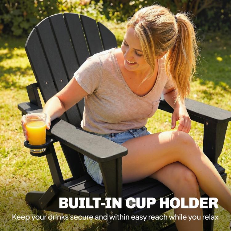 Black adirondack chair with built-in cup holder on the side arm