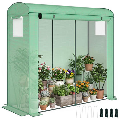Portable mini greenhouse with green PE cover, roll-up door, and mesh windows for plants
