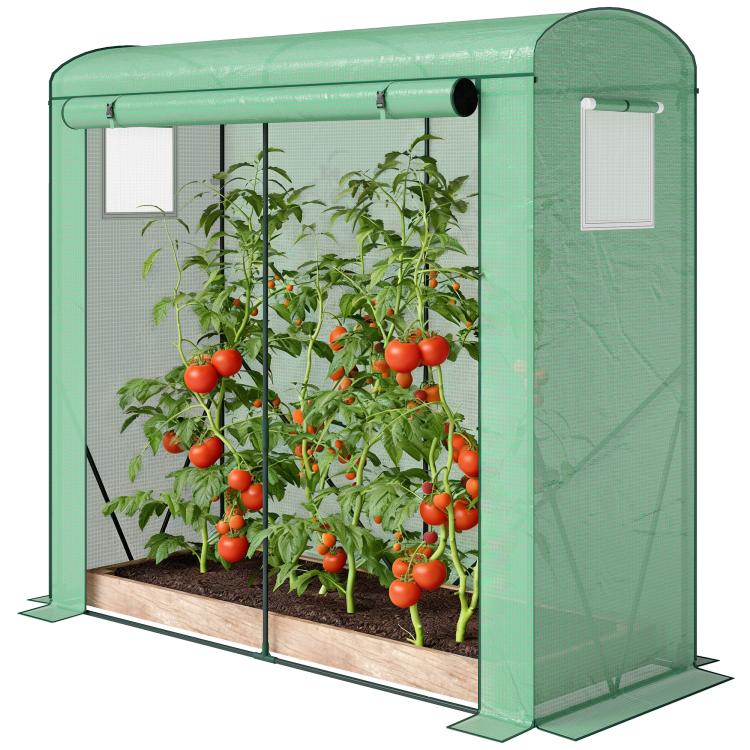 Green portable mini greenhouse showing tomato plants inside and a mesh window panel