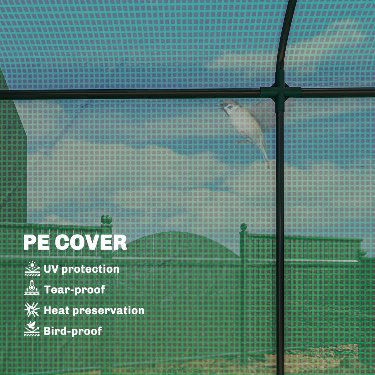 Close-up of green PE mesh cover stretched over metal frame poles