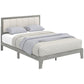 Gray full platform bed with padded headboard and low profile frame