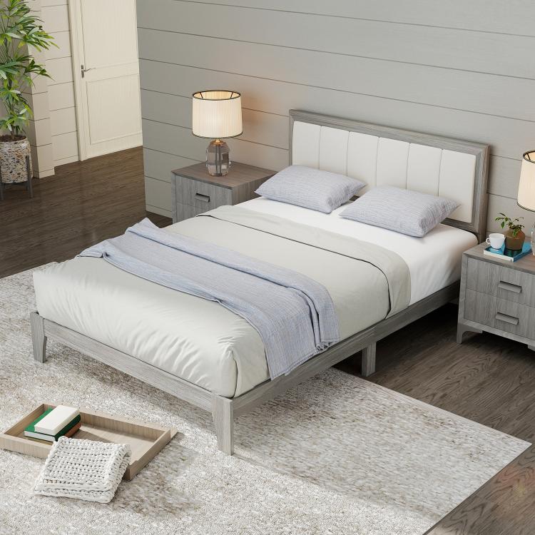 Gray full bed frame with headboard and platform base, wooden slats support