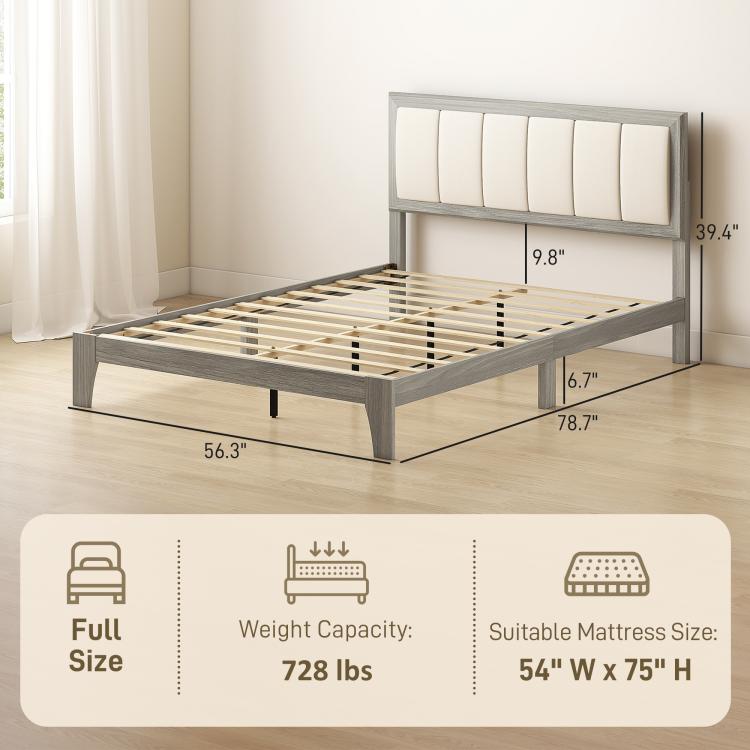 Gray full bed frame platform with wooden slat support and sturdy side rails