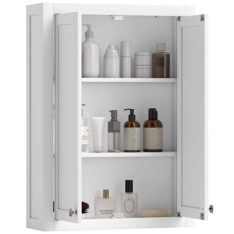 White wall cabinet with two doors, open interior showing three shelves
