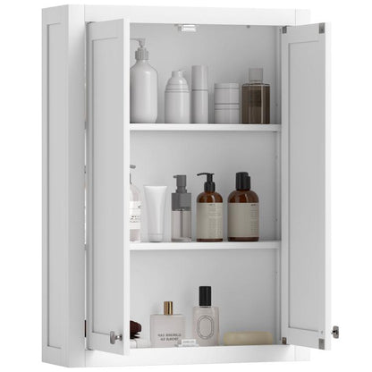 White wall cabinet with two doors, open interior showing three shelves