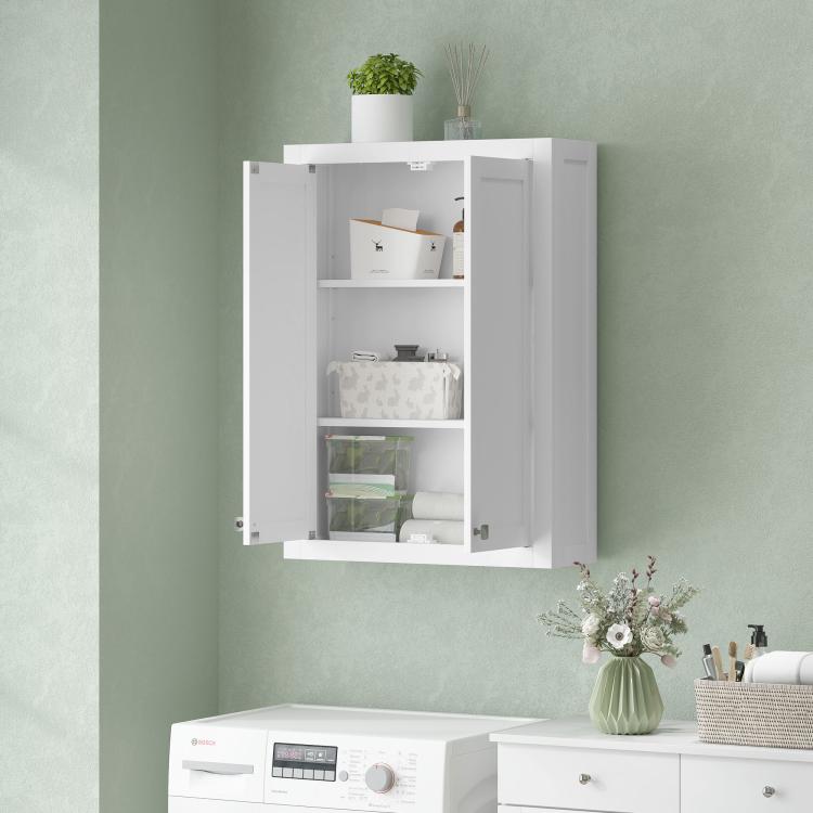 White wall cabinet with two doors and adjustable interior shelves