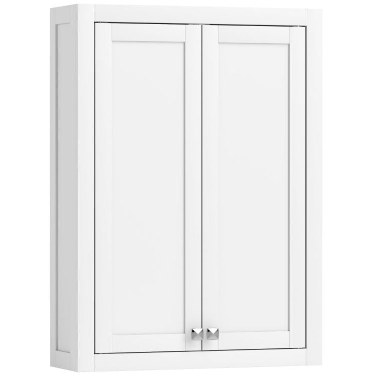 White wall cabinet with two front doors and central latch detail