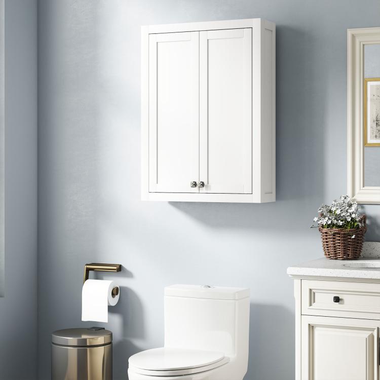 White wall cabinet with double doors and metal knobs for bathroom storage