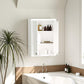 White wall cabinet with two doors open, interior display with shelf storage