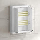 White wall cabinet with two doors, dimensions graphic over open interior shelves