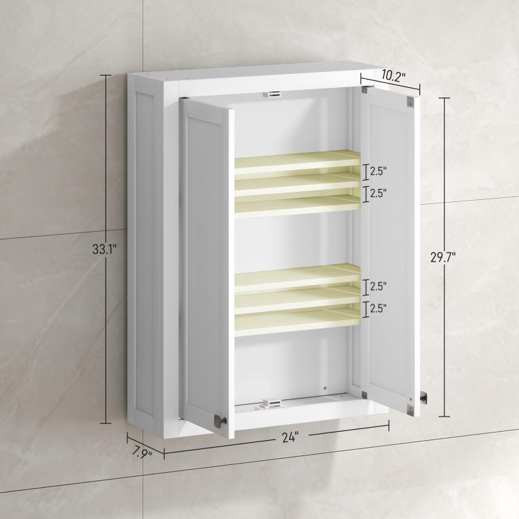 White wall cabinet with two doors, dimensions graphic over open interior shelves