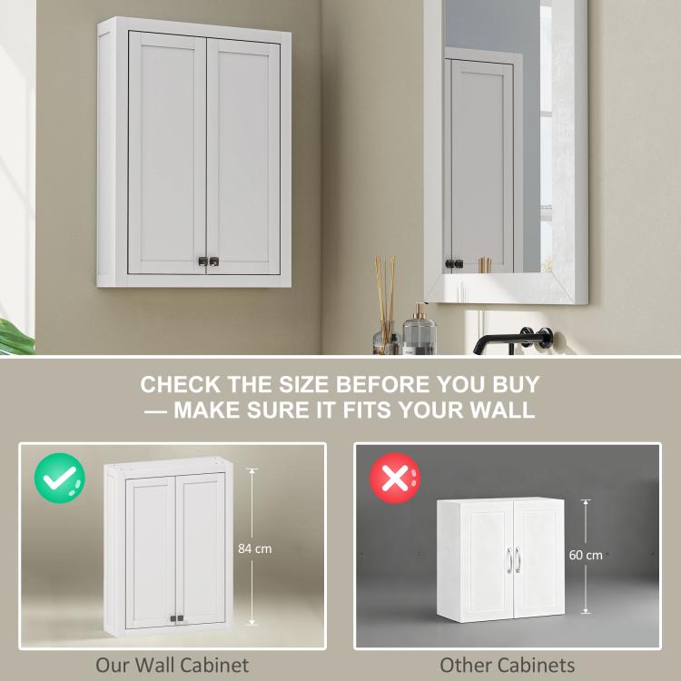 White wall cabinet with two hinged doors and brushed knobs in a bathroom setting