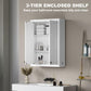 White wall cabinet with doors open, three enclosed shelf compartments inside