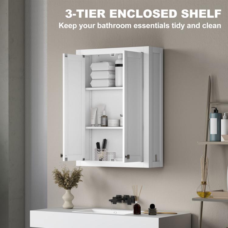 White wall cabinet with doors open, three enclosed shelf compartments inside