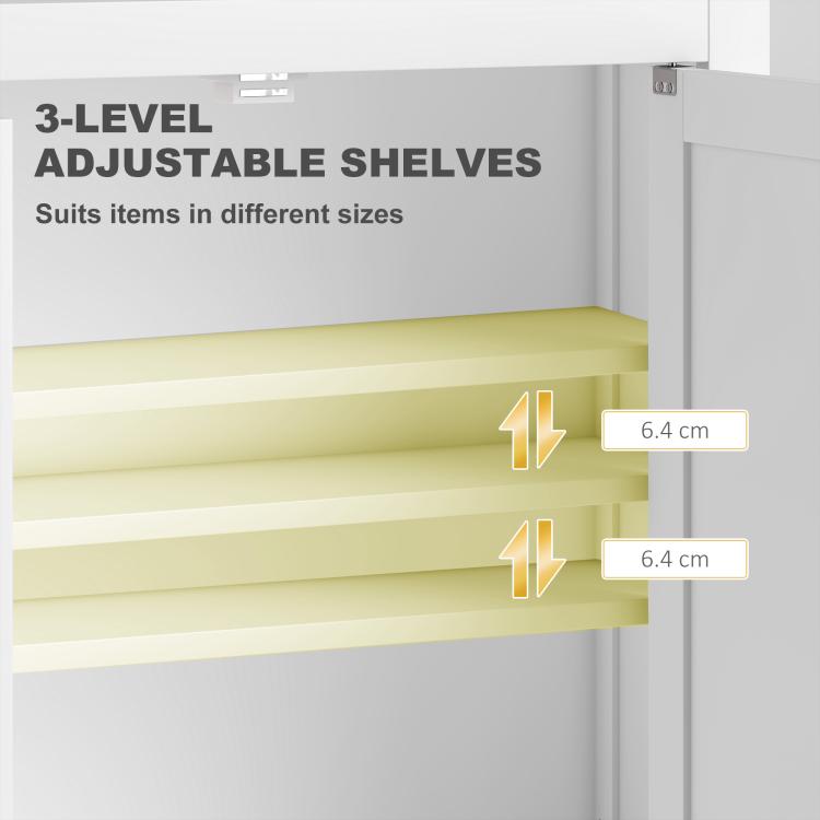 White wall cabinet with adjustable shelves, interior shelf positions shown