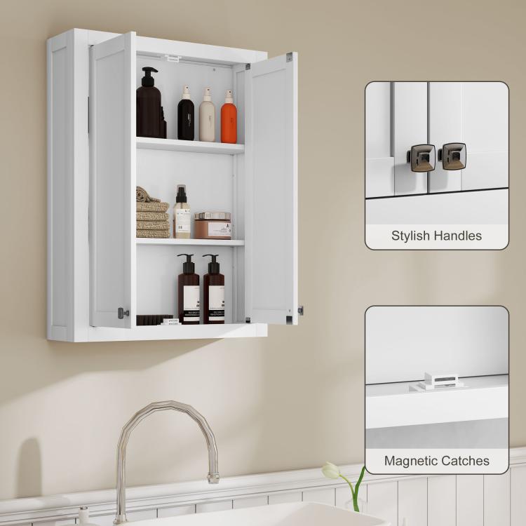 White bathroom wall cabinet with two doors and hardware details for storage