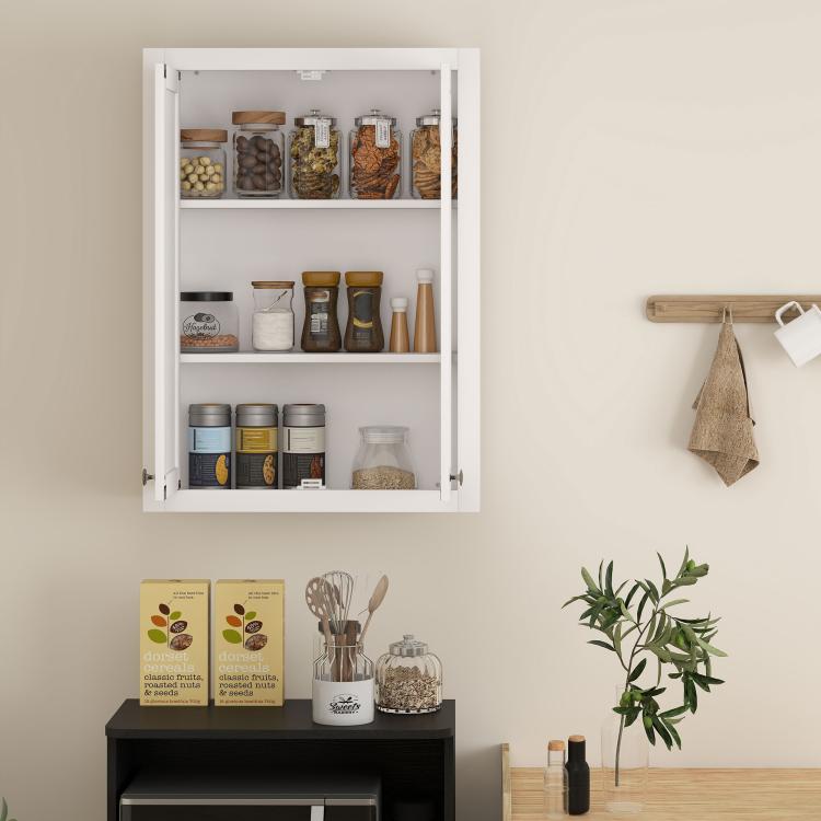 White wall cabinet with two doors open, stocked shelves for bathroom pantry items