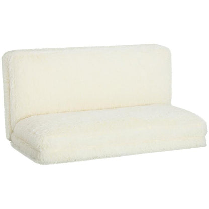 Cream white plush folding floor sofa bed with thick backrest and seat cushion