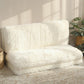 Cream white furry bean bag floor sofa bed, thick backrest and foldout seat