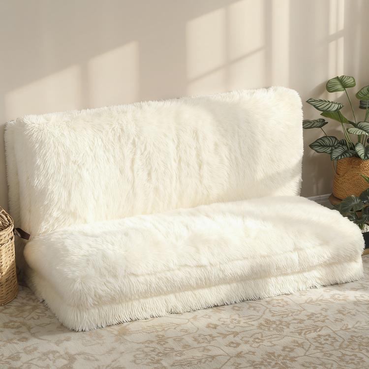 Cream white furry bean bag floor sofa bed, thick backrest and foldout seat