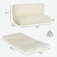 Cream white plush floor sofa bed shown folded and laid flat with measurements