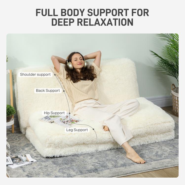 Cream white plush bean bag bed with cushioned support zones for relaxed lounging