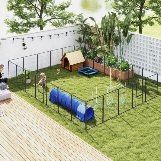 Outdoor gray metal dog playpen with grassy yard and blue tunnel