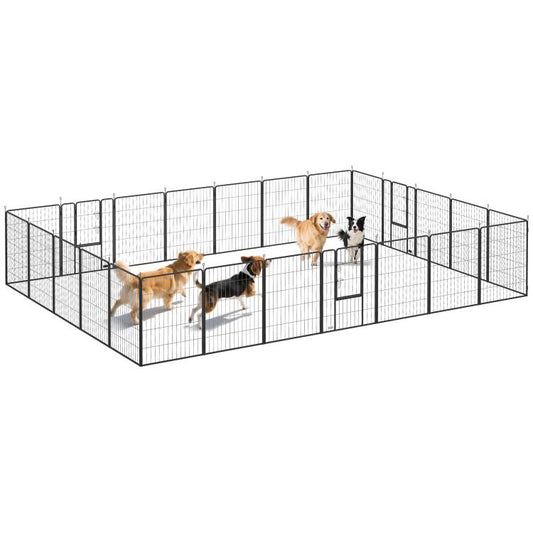 Gray metal dog playpen with mesh panels and door, holding several dogs