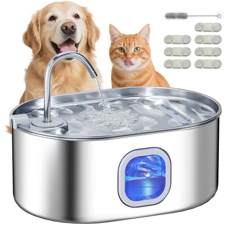 Stainless steel pet water fountain with circular tray and curved drinking spout