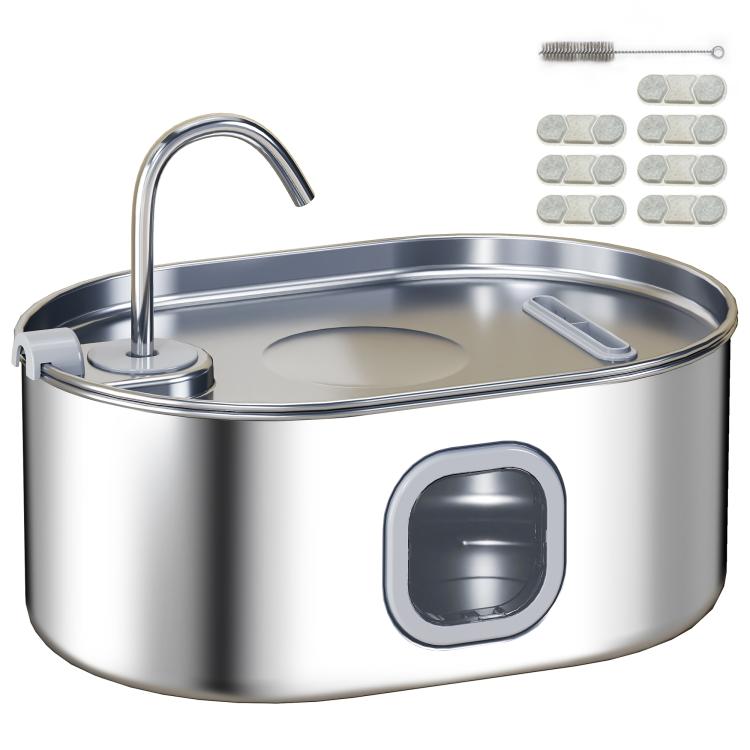 Stainless steel water fountain base with arched faucet and dark front control window