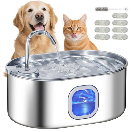 Stainless steel pet water fountain with circular tray and curved drinking spout