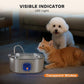 Pet water fountain with transparent blue LED indicator window and drinking spout
