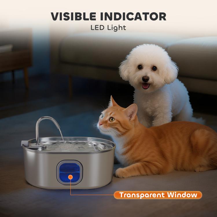 Pet water fountain with transparent blue LED indicator window and drinking spout