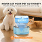 Stainless steel pet water fountain with blue-lit reservoir window and pets nearby